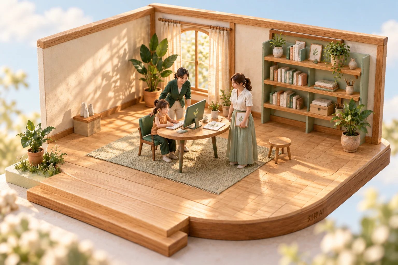 创作室 · 原图保留：同一个孩子、家长与老师，在温暖的木质创作室里展开故事。