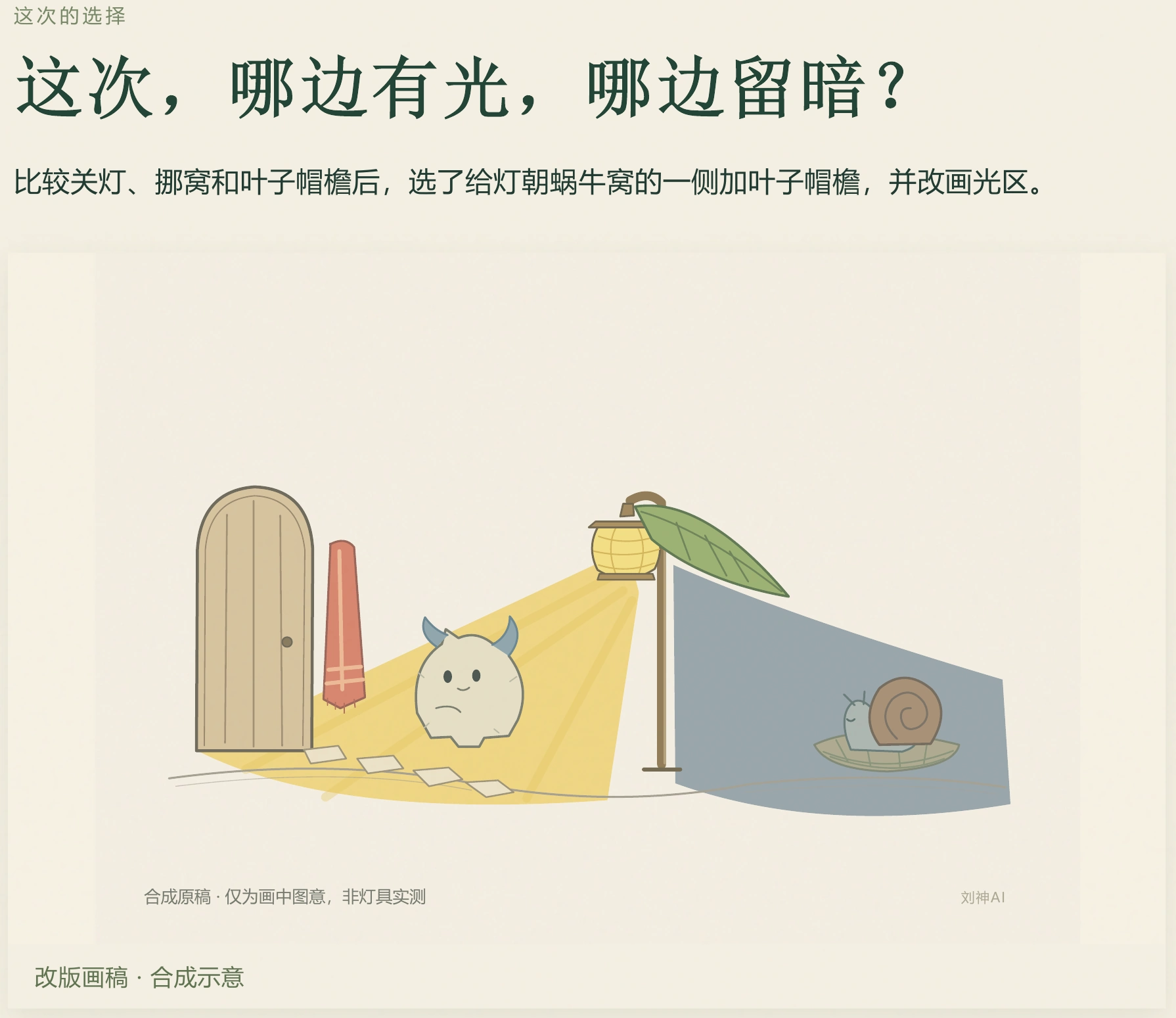 原有家长 PDF 第 2 页重点：添上叶子帽檐后的改版画稿，让路有光、蜗牛窝留暗。