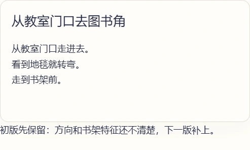 V1 初版路线卡：转弯和书架尚不具体。