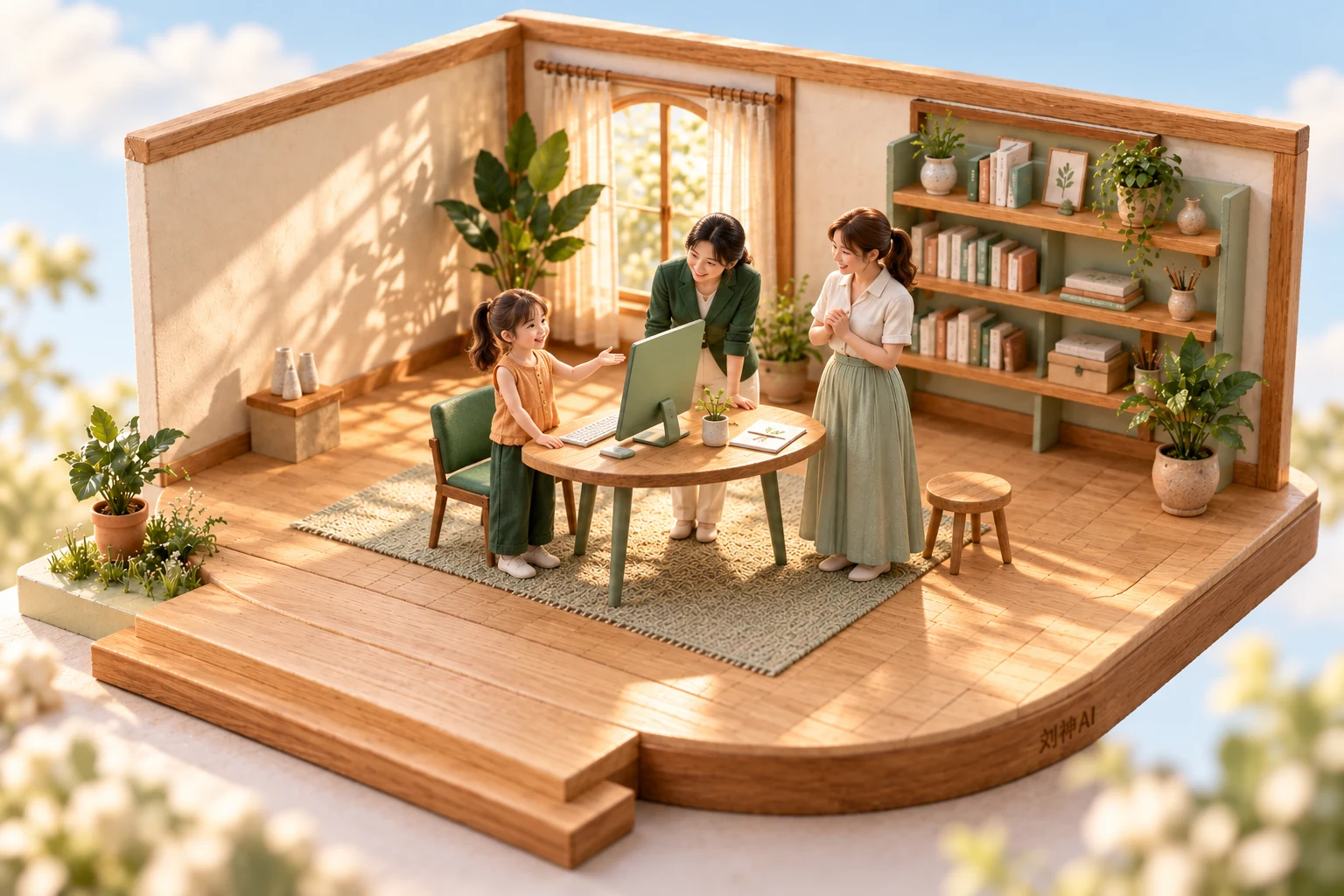 完成作品：同一个孩子、家长与老师，在温暖的木质创作室里展开故事。