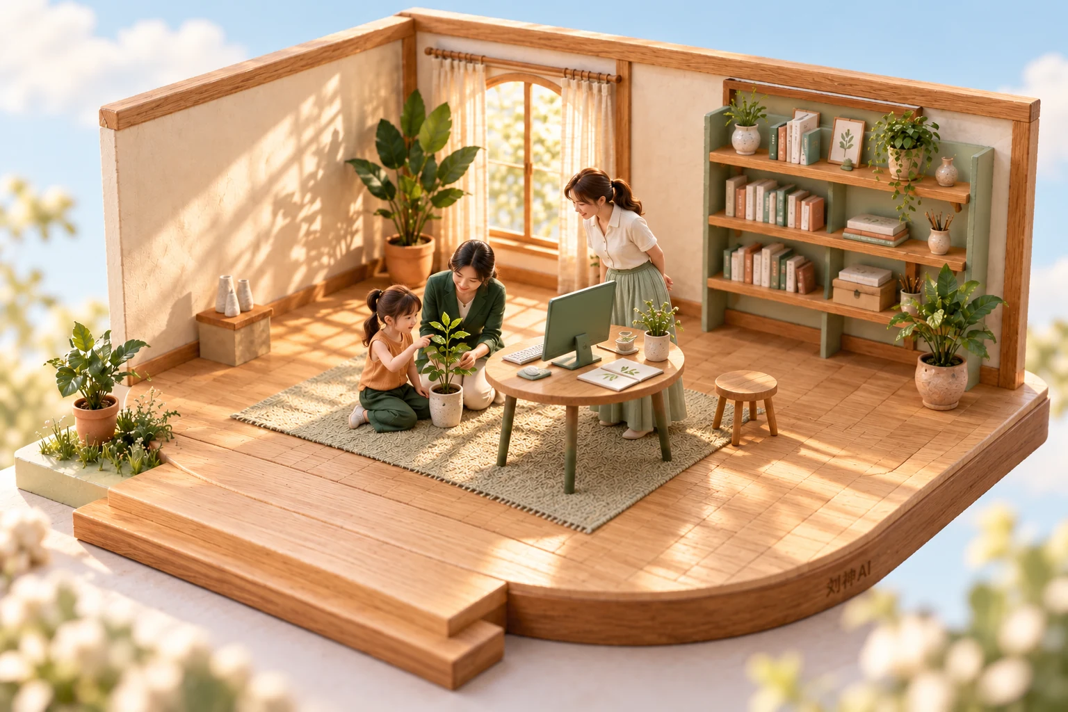 能力成长：同一个孩子、家长与老师，在温暖的木质创作室里展开故事。