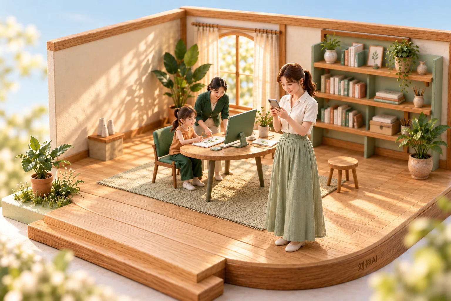 家长看见过程：同一个孩子、家长与老师，在温暖的木质创作室里展开故事。